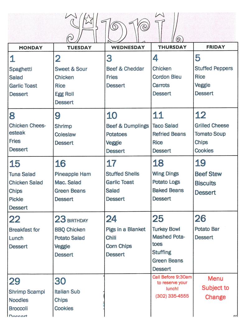 April 2024 Menu Frederica Senior Center