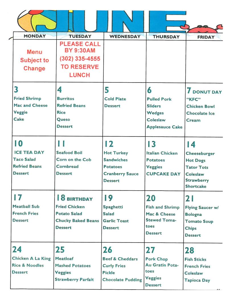 2024 Menu Frederica Senior Center